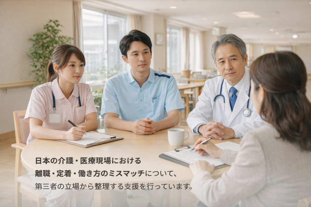 介護・医療現場の課題について、第三者の立場で話し合う様子