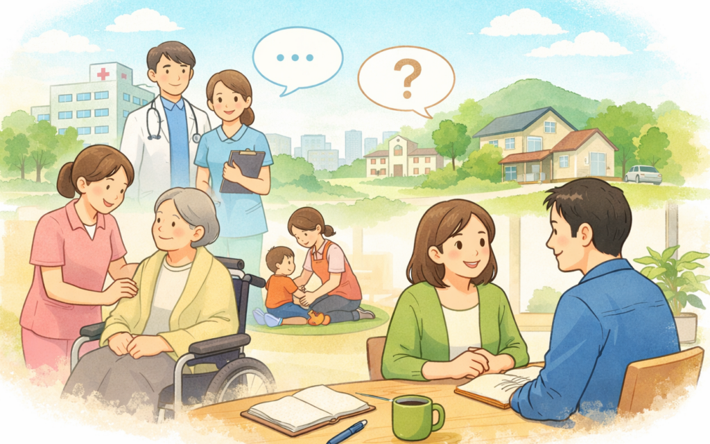 エッセンシャルワーカーがキャリア相談を受けている様子のイラスト